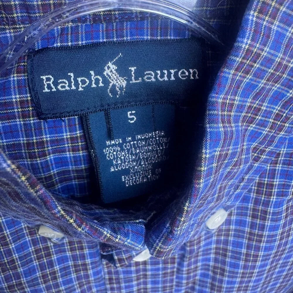 Ralph Lauren 100% Cotton Long Sleeve Button Up Plaid Shirt Boys Size 5